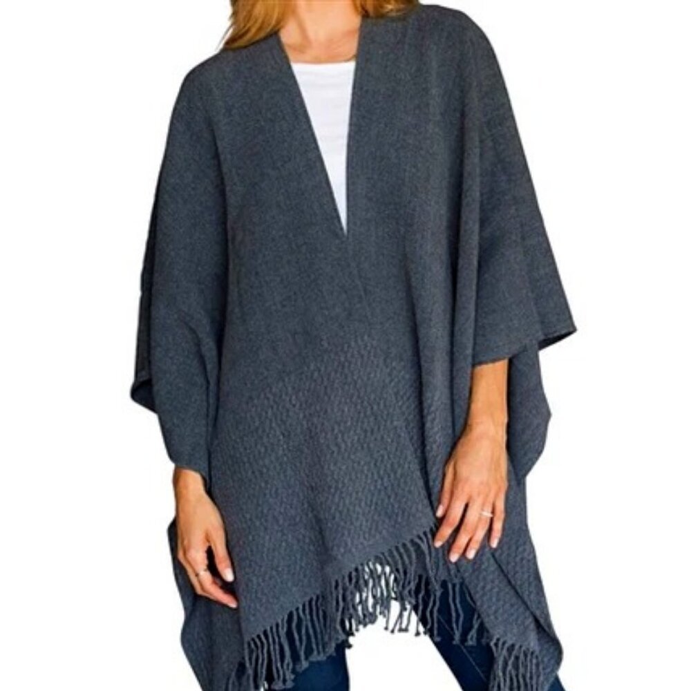 New COLDWATER CREEK Laser Cut Fringe Ribbed Cape Open Front Shawl Wrap Grey OS